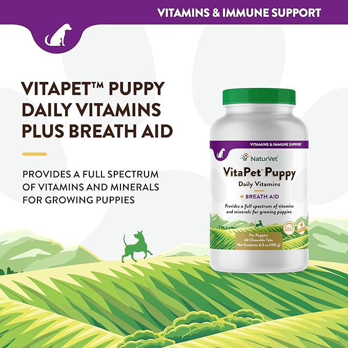 NaturVet VitaPet Puppy Daily Vitamins Plus Breath Aid for Puppies, 60 ct Time Release, Chewable Tablets, Made in The USA with Globally Source Ingredients