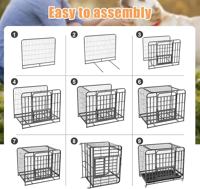 42 inch Large Dog Crate, Heavy Duty Metal Dog Kennel Indoor for Large Breed, Double Door Big Dog Cage, Dog Crate Tray Replacement, Lockable Wheels