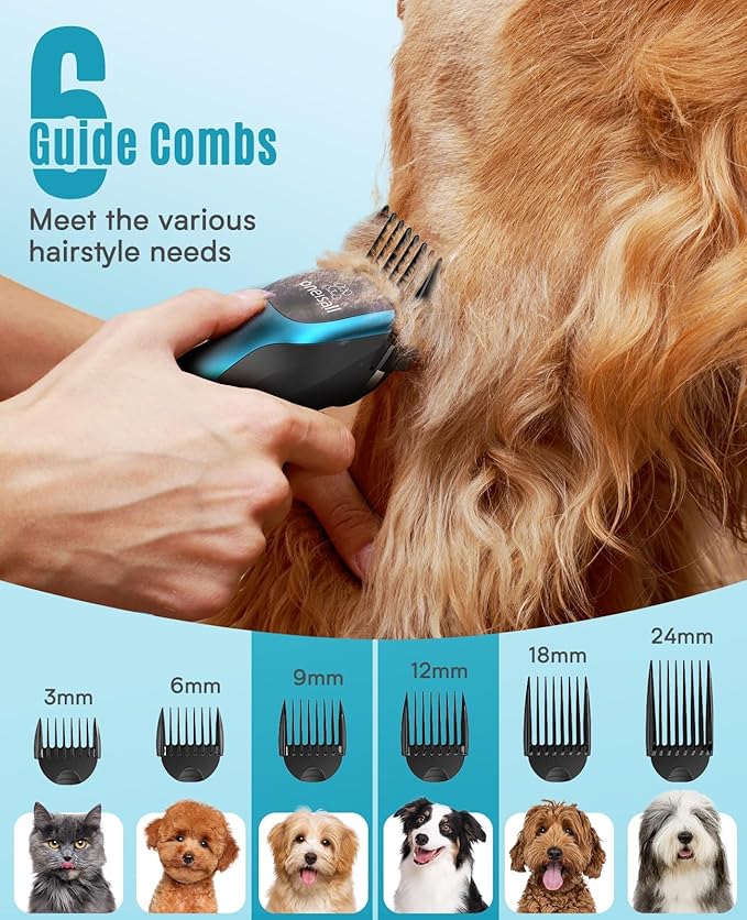 oneisall Dog Clippers for Grooming 2-Speed Super Power Dog Clippers 50dB Quiet Rechargeable Cordless Dog Trimmer with Detachable Stainless Steel Blade for Small & Large Dogs with Thick Coats