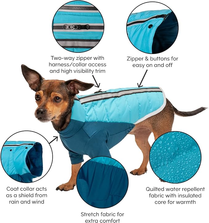 Furhaven Water-Repellent Small Dog Coat, Washable w/ Leash Access & Stretch Fabric - Pro-Fit Active Jacket - Aquamarine, Small