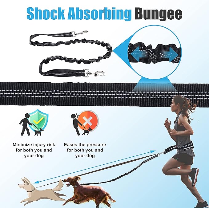 Hands Free Dog Leash with Zipper Pouch, for Medium and Large Dogs, 4Ft 6 Ft, Waist Leash for Dog, Durable Bungee for Walking, Jogging, and Running Your Dog (Large, 25-120 lbs, Black)
