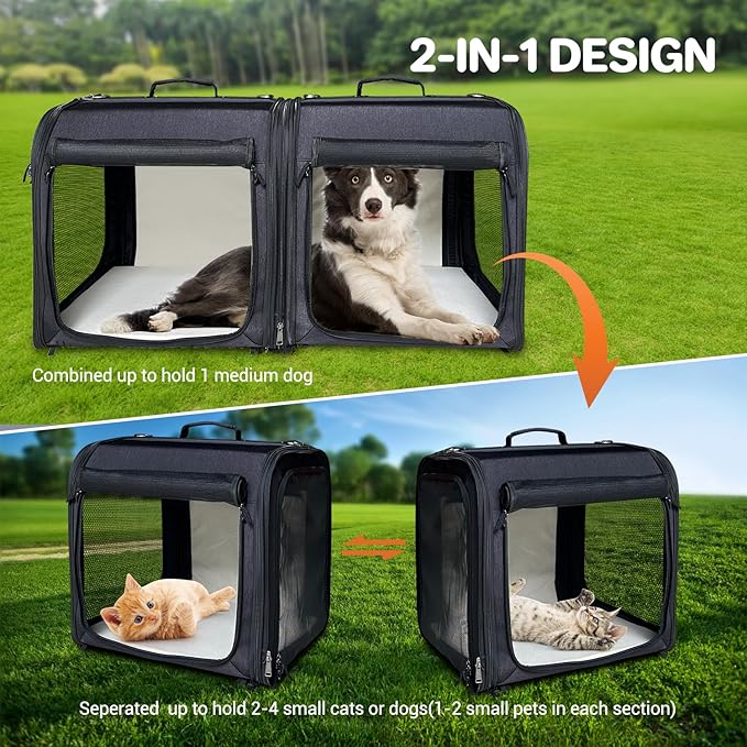 Large Cat Carrier,Cat Travel Carrier with Litter Box,Double Cat Carrier for 2 Cats and Medium Dog,Portable 2-in-1 Dog Compartment Travel Crate House with Foldable Bowl/Mats/Tent Stakes