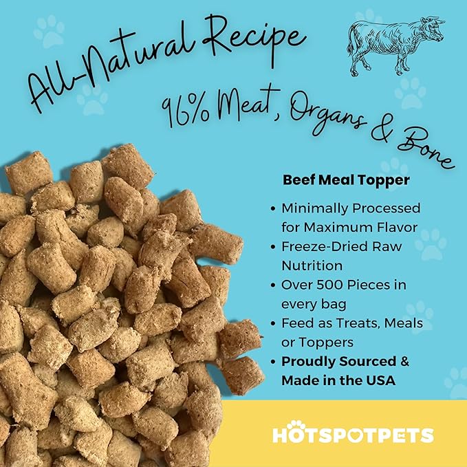 hotspot pets Freeze Dried Raw Beef Meal Toppers for Dogs - Single Protein, All Natural, Grain-Free - Perfect for Training, Topper or Snack - Made in USA - (Beef Meal Toppers) 1LB Bag