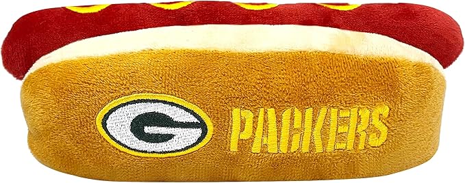 Pets First NFL Green Bay Packers HOT Dog Plush Dog & CAT Squeak Toy - Cutest HOT-Dog Snack Plush Toy for Dogs & Cats with Inner Squeaker & Beautiful Football Team Name/Logo 8 x 5 x 3 Inches