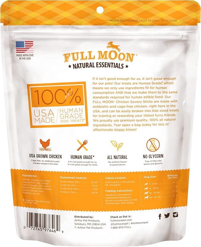 Full Moon All Natural Human Grade Dog Treats, Essential Chicken Savory Sticks, 16 Ounce