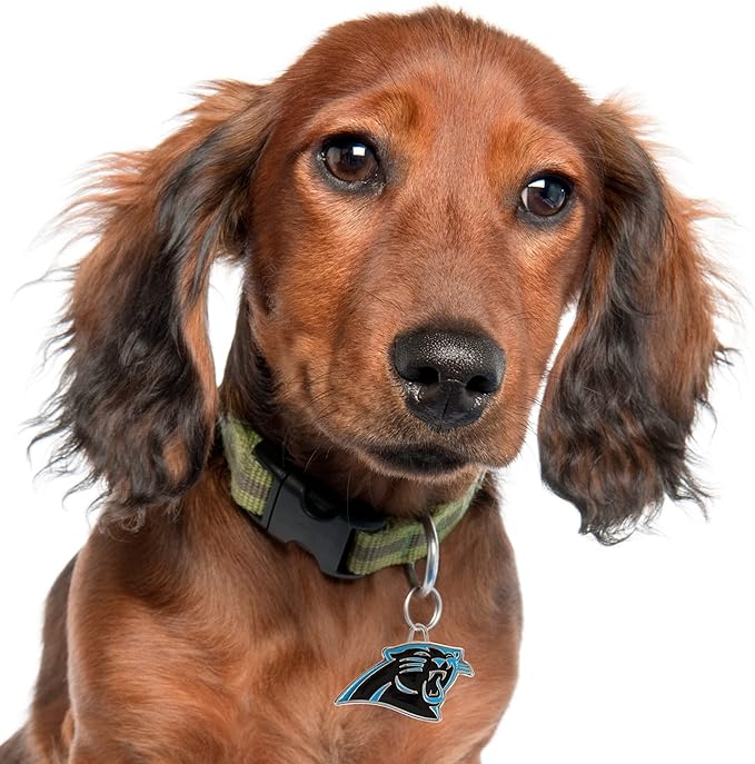 NFL Carolina Panthers Engraving Pet ID Tags in 32 Team Logo Shapes Personalized Dog Tags and Cat Tags with 3 Lines of Customizable Text for Tracking & Safety. Stainless Steel Pet ID Tracking Tags
