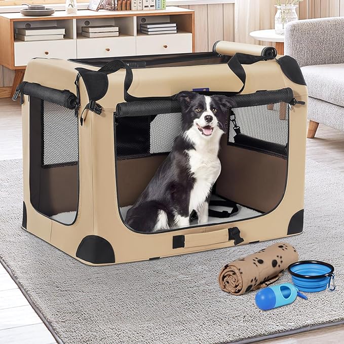 Portable Dog Crate, Collapsible Dog Travel Crate 32x23x23 with Soft Blanket Foldable Bowl and a Poop Bag with Dispenser for Medium & Large Dogs