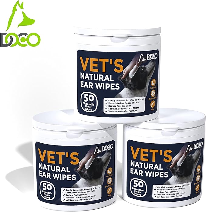 DOCO Dog Ear Wipes - All Natural Finger Veterinary Pet Ear Wipes with Eucalyptus, Aloe - 50 Count
