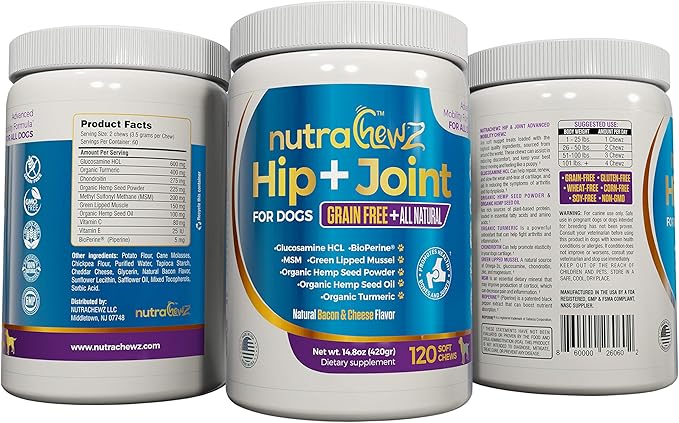 Grain Free Hip & Joint Supplement for Dogs with Organic Hemp Oil, Glucosamine Chondroitin, Turmeric, MSM, Green Lipped Mussel for Arthritis, Pain Relief, Mobility All Natural - 120 Chews