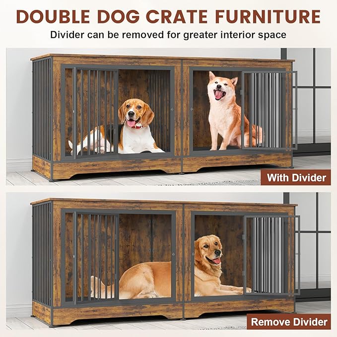 75 Inch 3-in-1 Large Double Dog Crate Furniture for 2 Dogs Durable Rustic Brown Dog Crate TV Stand with Trays and Divider