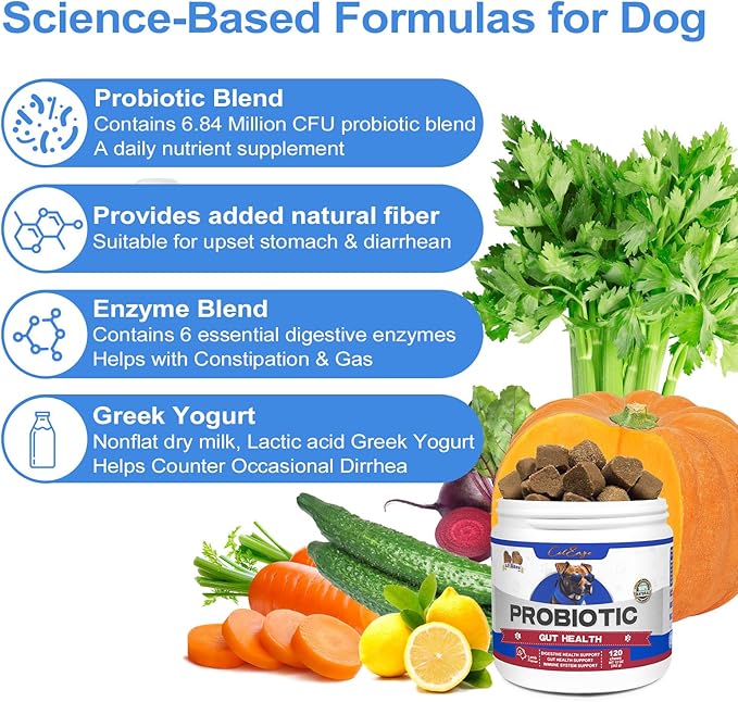 Probiotics for Dogs, Organic Pumpkin with 6 Digestive Enzymes, Providing Probiotics for Gut Flora, Digestive Health, Occasional Diarrhea, 120 Count Lamb Flavor