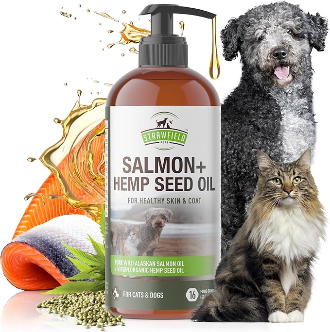 Strawfield Pets' Salmon + Hemp Oil Wild Alaskan Salmon Oil for Dogs & Cats with Organic Pet Hemp Oil Liquid Omega 3 Fish Oil for Dog Shedding, Dry Itchy Skin, Coat Supplement, USA 16 oz / 474 ml
