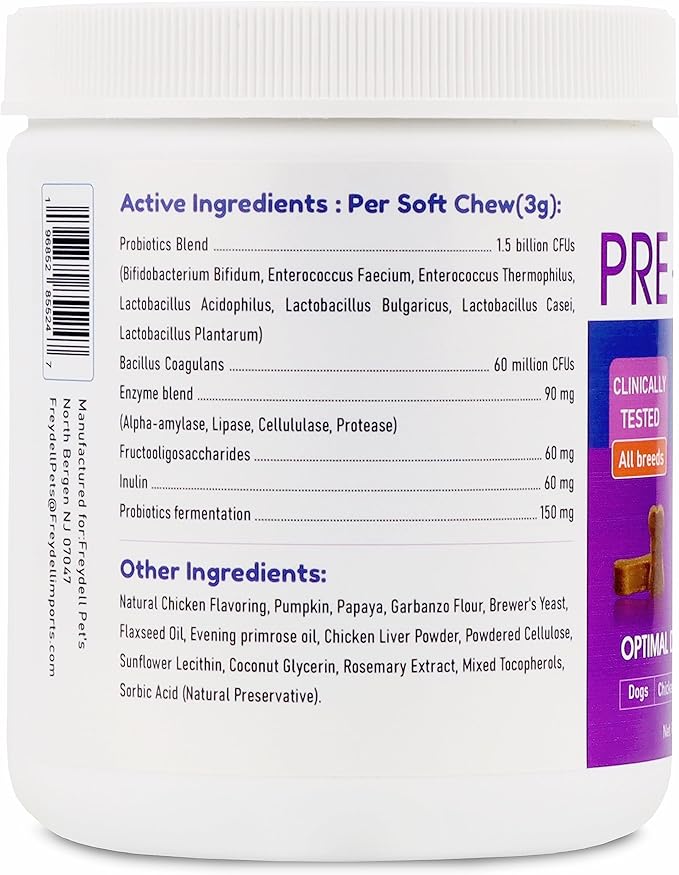 FREYDELL Pets Probiotics for Dogs Dog Upset Stomach Relief Dog probiotic, Fiber Supplement for Dogs, Yeast Infection Treatment for Dogs & Dog Diarrhea Medication, Probiotic for Dogs of All Ages.