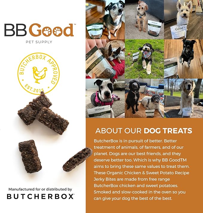 Dog Treats from ButcherBox - Organic Chicken and Sweet Potato Jerky Bites for Small and Large Dogs, Grain Free, Made and Sourced in The USA, 8 oz Bag (1 Count)