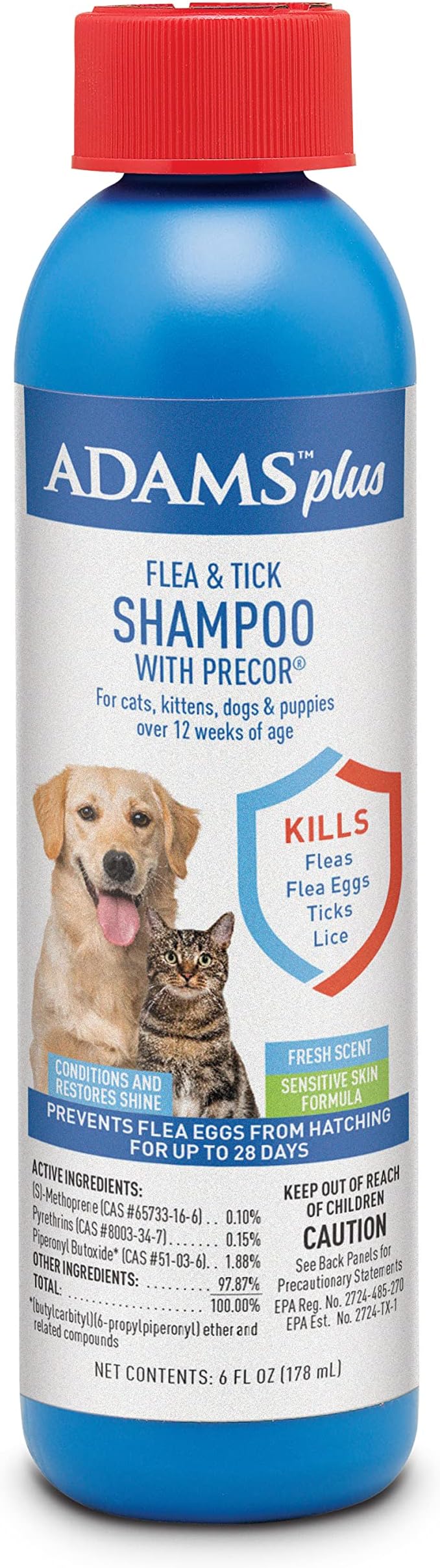 Adams Plus Flea & Tick Shampoo with Precor for Cats, Kittens, Dogs & Puppies Over 12 Weeks Of Age |Sensitive Skin Flea Treatment for Dogs & Cats |Kills Adult Fleas, Flea Eggs, Ticks, and Lice |6 Oz