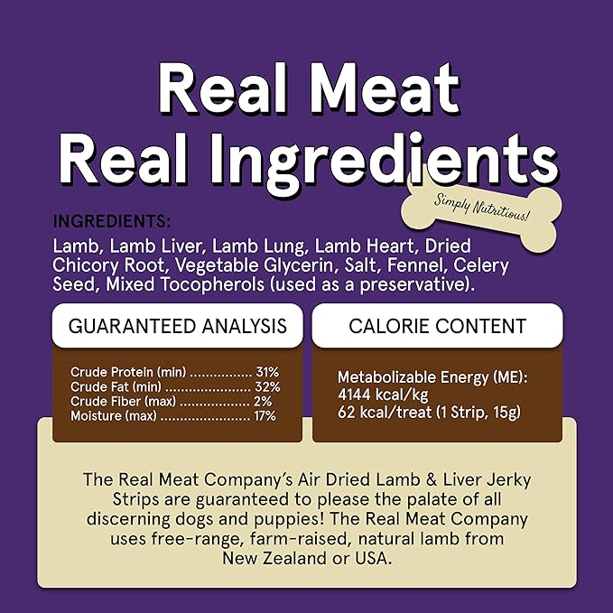 Real Meat Lamb & Liver Jerky Dog Treats - 8 Air-Dried Strips of Jerky Treats for Dogs - Grain-Free Jerky Treats Dog Snacks Made up of 95% Human-Grade Free-Range Lamb - All-Natural Dog Jerky Strips