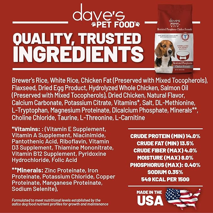 Dave's Pet Food Kidney Support for Dogs with Renal Support (Chicken Formula Crumble) Non-Prescription Low Phosphorus Restricted Diet Dog Food, Added Vitamins Minerals Taurine, Vet Formulated, 10 lb