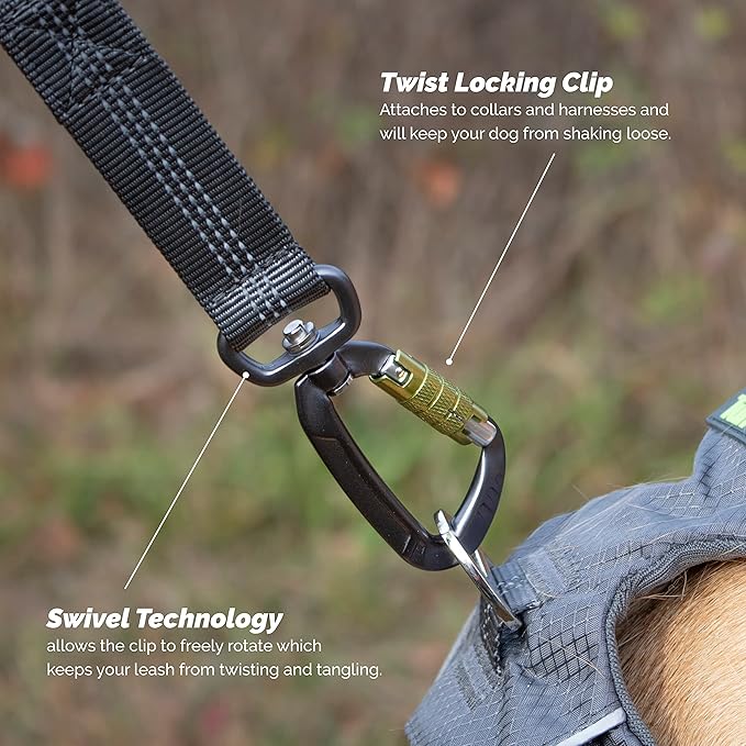 Hands Free Dog Leash for Running, Walking, Hiking, Durable Dual-Handle Bungee Leash is 4 Feet Long with Reflective Stitching, Adjustable Waist Belt That Fits 42 Inch Waist (Carabiner/Green)