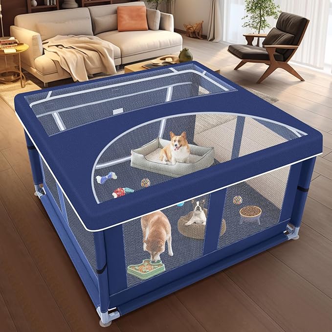42x42x25.6 Inch Puppy Playpen with Cover, Dog Playpen for Puppies or Small Dogs, Dog Fence Pet Playpen for Indoor & Outdoor, Sturdy Safety Dog Pen with Thickened Fabric, High-Strength Nylon Wire Mesh