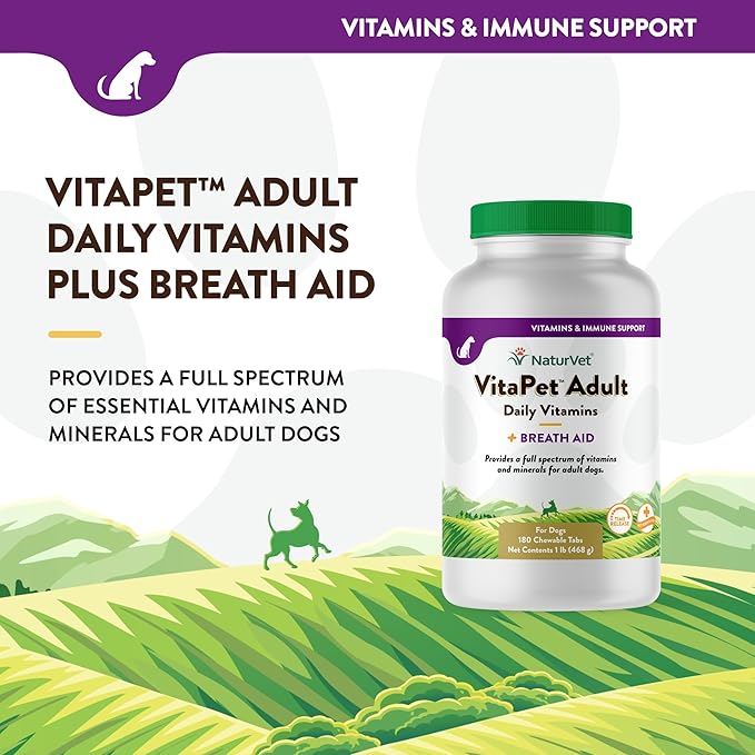NaturVet - VitaPet Adult Daily Vitamins for Dogs - Plus Breath Aid - Provides a Full Spectrum of Vitamins & Minerals - Enhanced with Omega-6 Fatty Acids (180 Time Release Chewable Tablet