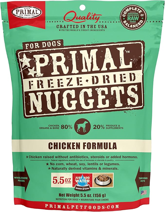 Primal Freeze Dried Dog Food Nuggets, Chicken; Complete & Balanced Meal; Also Use as Topper or Treat; Premium, Healthy, Grain Free, High Protein Raw Dog Food, 5.5 oz
