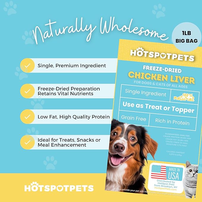 hotspot pets Freeze Dried Chicken Liver Treats for Cats & Dogs -1LB BIG BAG- Single Ingredient All Natural Grain-Free - Perfect for Training, Topper or Snack -Made in USA - (Chicken Liver)