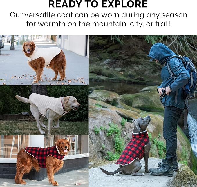 Furhaven Reversible Small Dog Coat, Washable & Insulating w/ Leash Access - Sherpa & Plaid Fleece Flex-Fit Jacket - Cream/Red, Small