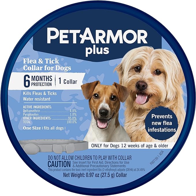 PetArmor Plus Flea & Tick Collar for Dogs, Kills Fleas & Ticks, Long Lasting Protection for 6 Months, Water Resistant, One Size Fits All, 1 Collar