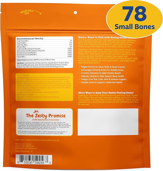Zesty Paws Dental Bones - Fights Tartar & Plaque - Gum, Teeth & Bone Health - Cinnamon for Dog Breath - Immune, Joint, Gut, Skin & Coat Support - Omega 3 EPA & DHA and Calcium - Small Dogs - 78 ct…