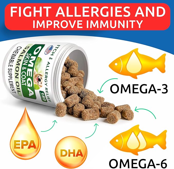 Omega 3 Dog Treats - 180 Fish Oil Chews for Shedding, Allergies, Itch Relief, Hot Spots - Joint Support - Skin & Coat - EPA & DHA - Natural Salmon Oil