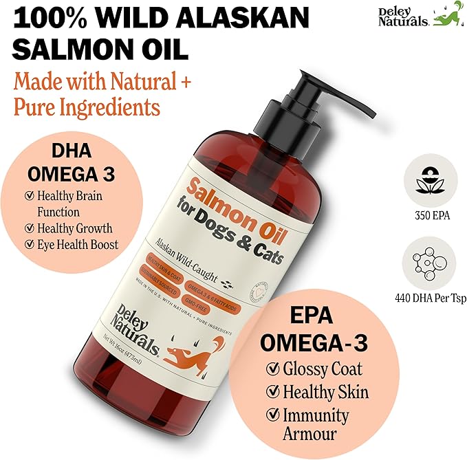 Deley Naturals Premium Alaskan Wild Caught Salmon Oil for Dogs and Cats - Omega-3 Rich Fish Oil Supplement for Healthy Skin, Coat, and Joints - All-Natural, Sustainably Sourced - 16 Oz