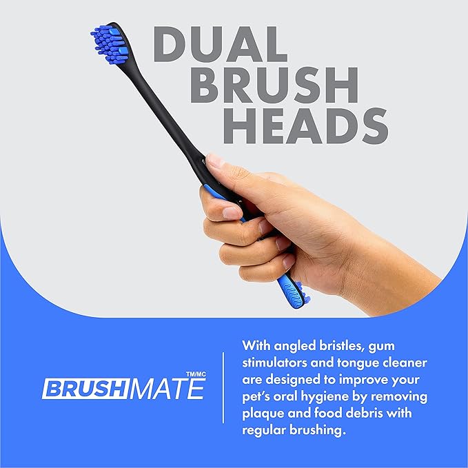 Dual-Size Angled Soft Brush Heads Toothbrush for Pet Puppies, Dogs, and Cats - Ergonomic Handle, Long Neck, Special Rubber Stimulators - Dental Care Tool for Healthy Oral Hygiene