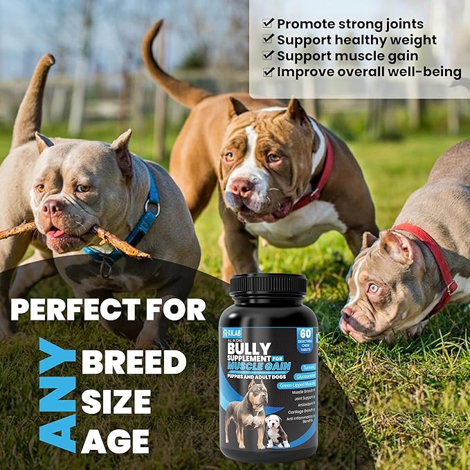 Dog Weight Gainer – 60-Count Muscle Builder Dog Supplement – Muscle Growth Supplement for Dogs, Puppies and Adults – Bully Growth Formula with Turmeric, Glucosamine, Green Lipped Mussels
