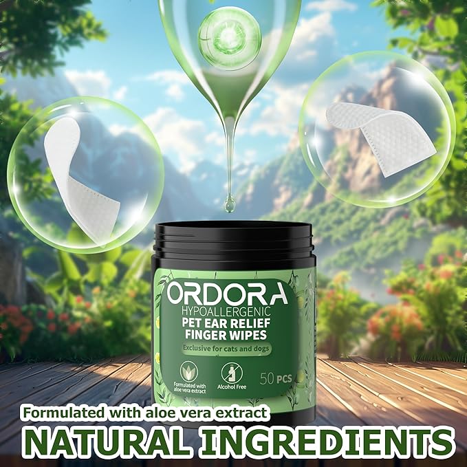 ORDORA PET Ear Finger Wipes for Dogs & Cats - Gently Remove Ear Wax, Debris - Sooths & Deodorizes - Relieve Ear Itching & Inflammation, Dog Ears Brushing Kit Dental Wipes - 50 Pcs