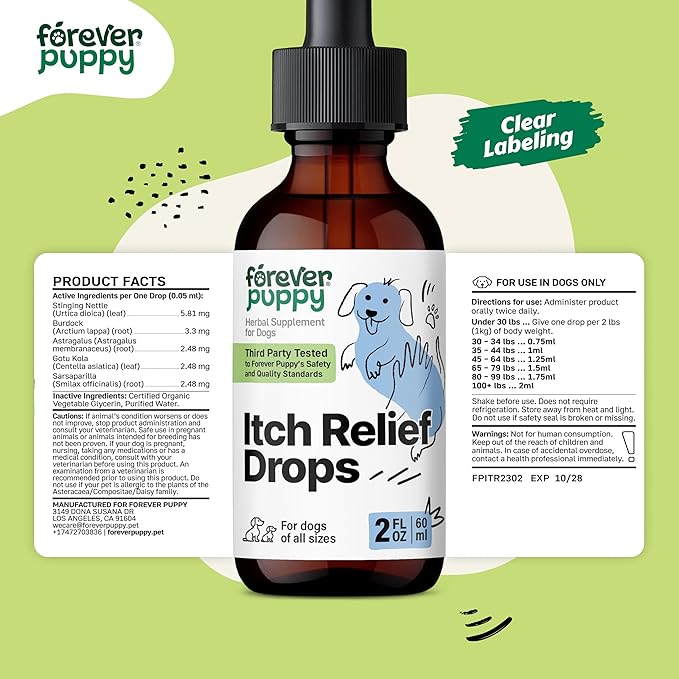 Itchy Relief for Dogs - Skin Soothing Drops for Dogs w/Stinging Nettle Leaf & Centella Asiatica - Itchy Paws Relief for Skin Health - Dog Skin and Coat Supplement for Happy Pups - 2 oz