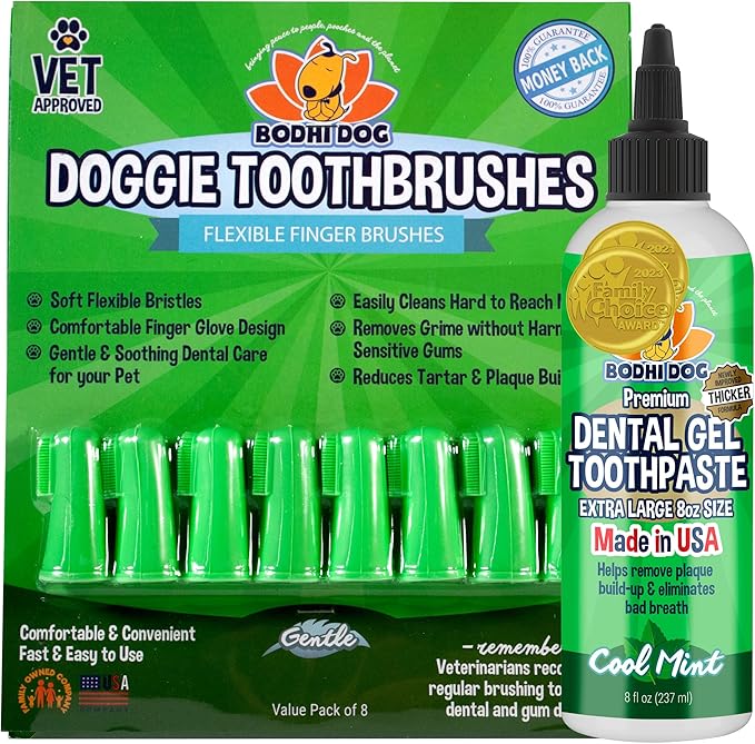 Bodhi Dog 8-Pack Gentle Disposable Finger Toothbrush | Soft & High-Grade Dog Toothbrush with Silicone Bristles + Dental Gel Reduces Tartar and Freshens Bad Breath | Oral Care or Dental Care Bundle