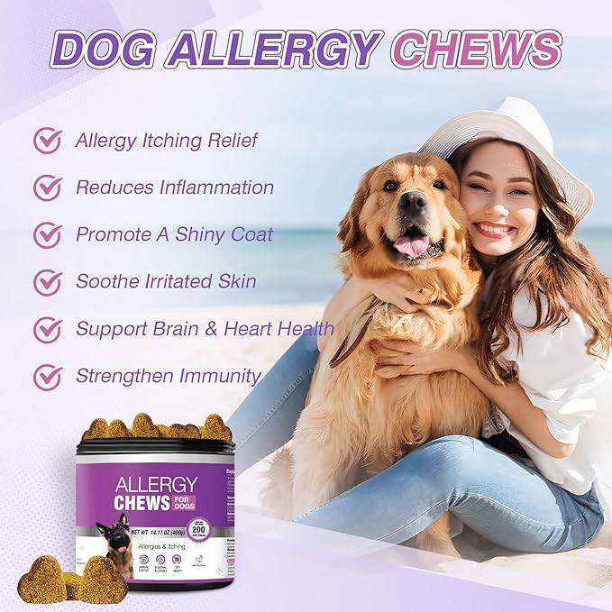 Dog Allergy Chews 200PCs - Dog Allergy and Itching Skin Relief Anti Itch Aller Immune Bites for Dogs Itching Itchy Paw Relief Itch Allergy Probiotics Support Chew Vitamins for Skin and Coat Allergies