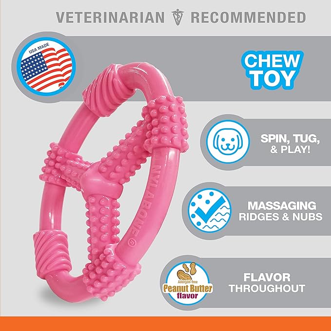 Nylabone Spin Tug & Play Pink Puppy Chew Toy for Teething - Puppy Supplies - Peanut Butter Flavor, Medium/Wolf (1 Count)