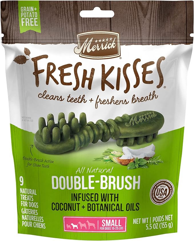 Merrick Fresh Kisses Double-Brush Dental Dog Treats with Coconut + Botanical Oils for Small Dogs, 9 Brushes, 5.5 OZ (Pack of 6)