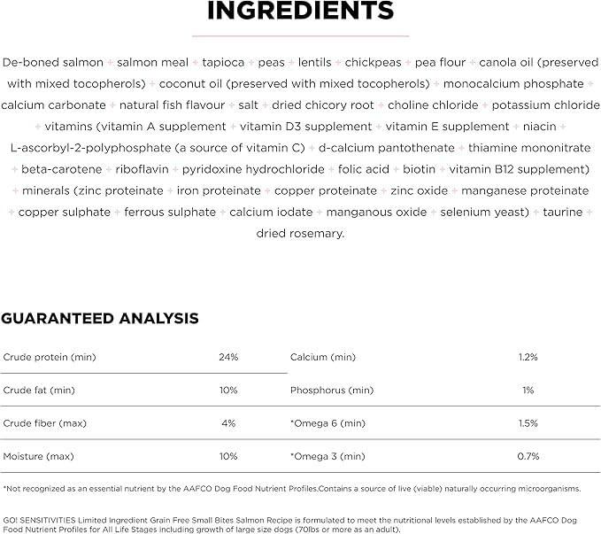 GO! SOLUTIONS Sensitivities – Small Bites Salmon Recipe – Limited Ingredient Dog Food, 22 lb – Grain Free Dog Food for All Life Stages – Dog Food to Support Sensitive Stomachs