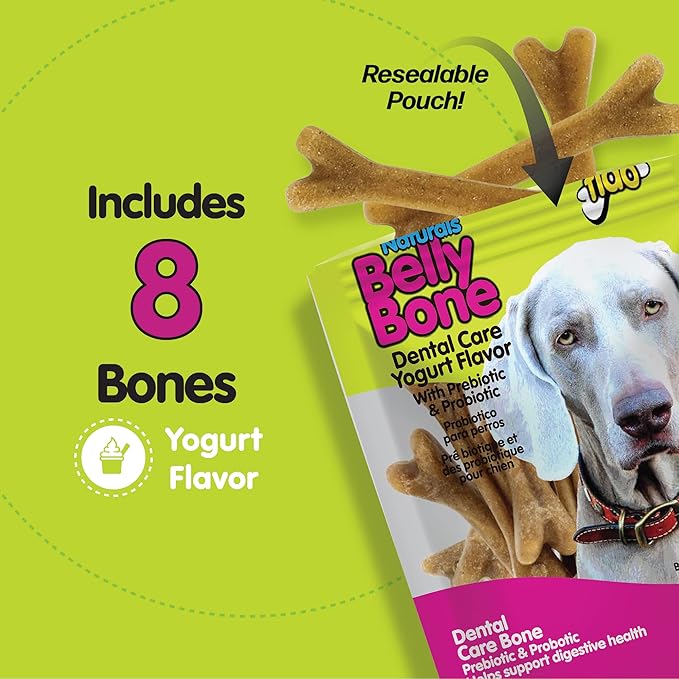 Belly Bones for Dogs, 8 Yogurt Flavor Medium Dog Dental Treats (Made in USA) - 8 Count Dog Treats for Medium Dogs - Plaque and Tartar Control for Fresh Breath, Digestive Health Support