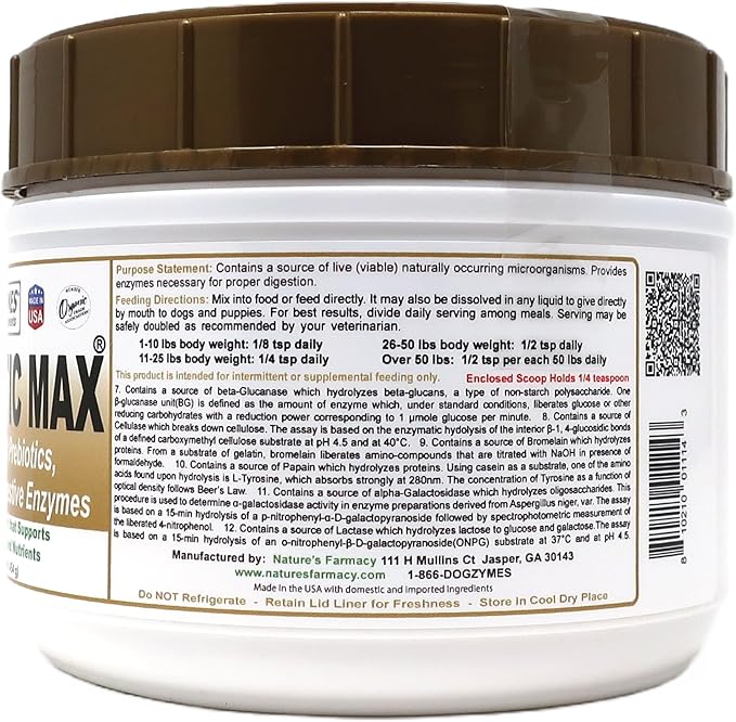 Dogzymes Probiotic Max -10 billion CFU's Probiotics, Prebiotics, Digestive Enzymes - Relieves Diarrhea, Upset Stomach, Constipation, Gas, Allergy, Immunity & Overall Health 1 pound