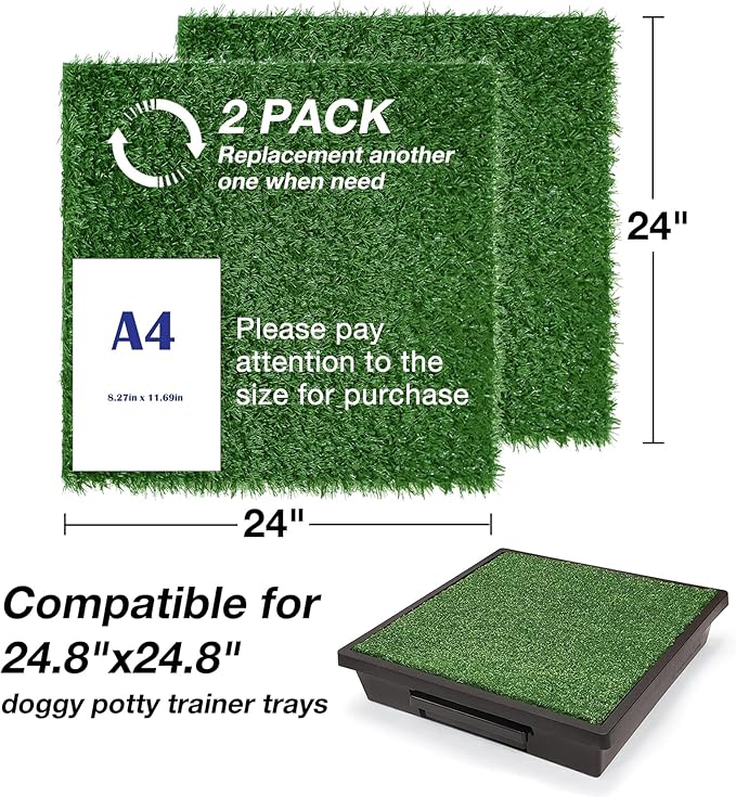 Replacement Dog Grass Pee Pad for Potty Training - 24"x24"/2 Pack, Medium Artificial Grass Patch for Potty Tray, Reusable & High Drainage
