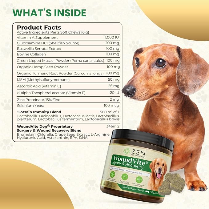 Zen Pet Nutrients WoundVite Hip and Joint Chews for Dogs - Dog Hip and Joint Supplement with Glucosamine Chondroitin, Hyaluronic Acid and MSM for Dog Surgery, Recovery and Joint Relief