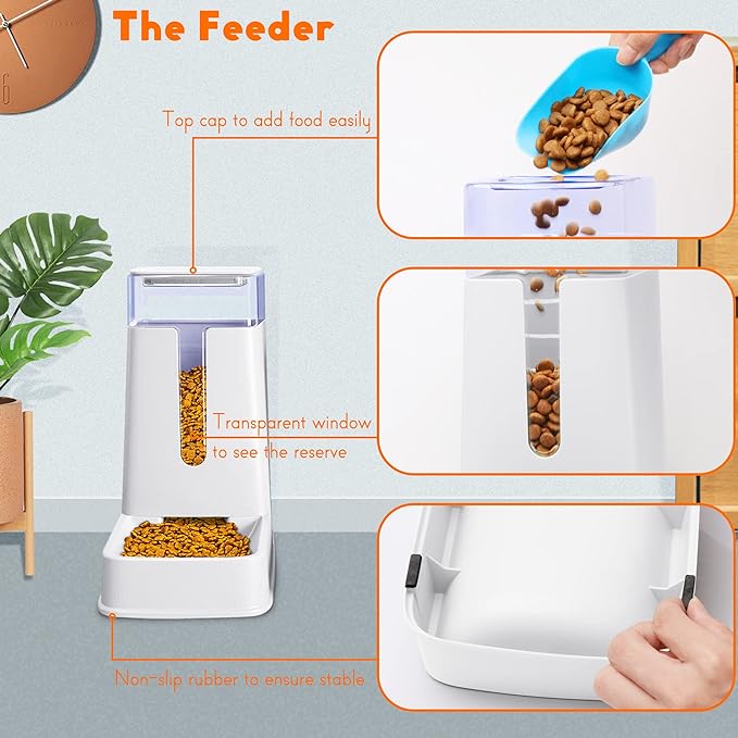 Automatic Cat Feeder and Cat Water Dispenser in Set 2 Packs Automatic Dog Feeder and Dog Water Dispenser 1 Gallon for Small Medium Big Dog Pets Puppy Kitten (white)