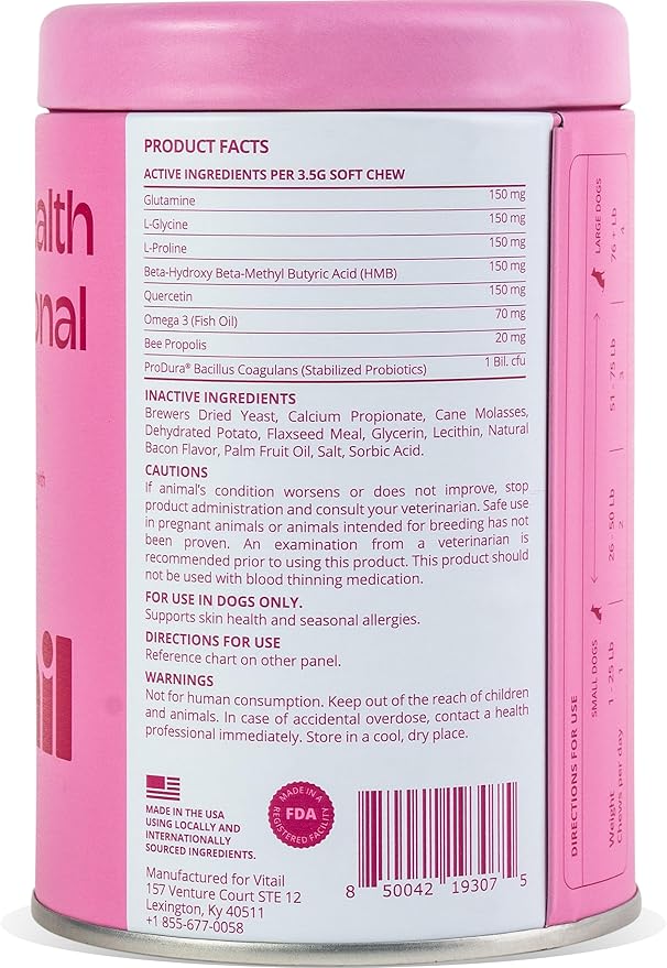 Skin Health & Seasonal Allergy Dog Chews | Quercetin, Omega-3, Bee propolis, L-Proline, L-Glycine | Supports Collagen Production, Soothes Itchy Skin & Promotes Skin Health | 90 Soft Chews