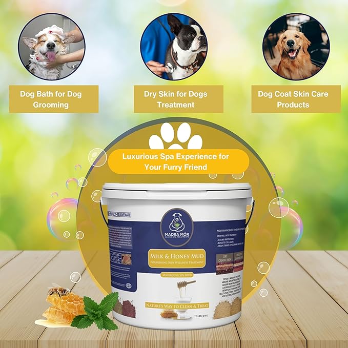 Madra Mor Milk & Honey Mud Spa Bath for Dogs | Dog Bath for Dog Grooming | Dog Coat Skin Care Products | 7.5lb Pail Mud Bath Dog Essentials with Multi-Purpose Key Chain