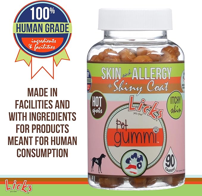 Licks Pill-Free Dog Skin and Allergy Gummies - Omega 3 Dog Allergy Relief - Dog Vitamins & Supplements for Itch Relief - Turmeric Supplement for Dog Skin - Dog Vitamin Gummies - 90 Gummies