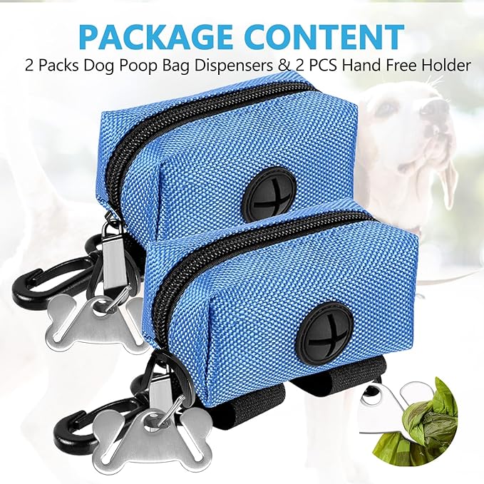 2Packs Dog Poop Bag Holder for Leash Attachment Dog Poop Bag Dispenser Dog Waste Bag Dispensers for Leash Accessory Dog Poop Bag Holders Fits Dog Leash Include Hand Free Holder Metal Carriers, Blue