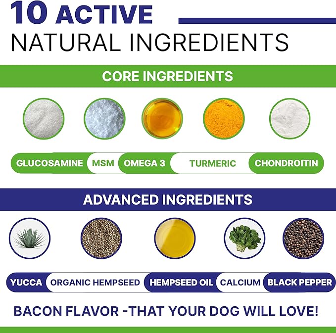 ADVANCED Hemp Hip & Joint Supplement for Dogs - Glucosamine for Dogs - Dog Joint Pain Relief Treats - Chondroitin Turmeric MSM Hemp Oil - Hemp Treats for Joint Health - Smoky Bacon